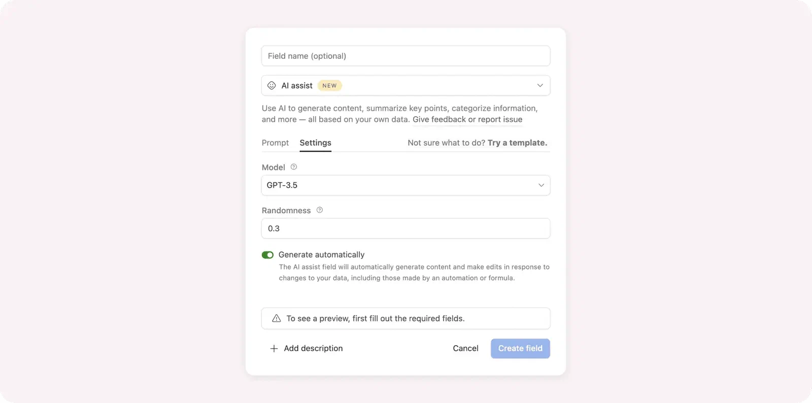 Airtable 的 AI 字段模型与自动生成设置