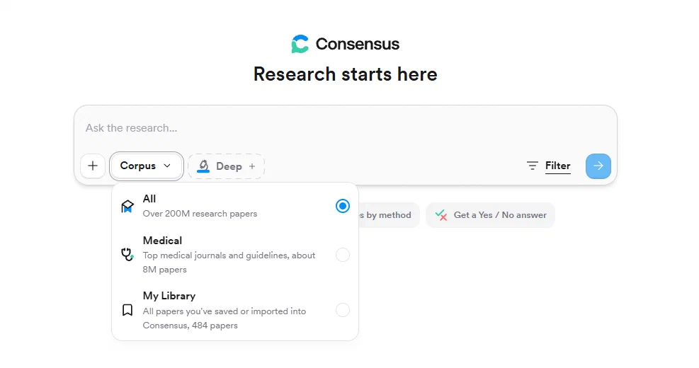 Consensus 论文搜索框与 Corpus 范围菜单