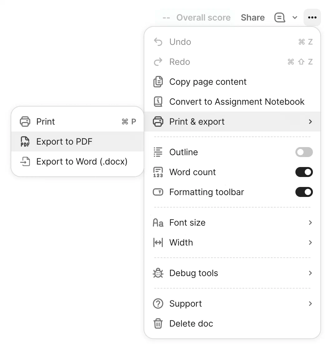 Grammarly Docs 文档打印与导出菜单