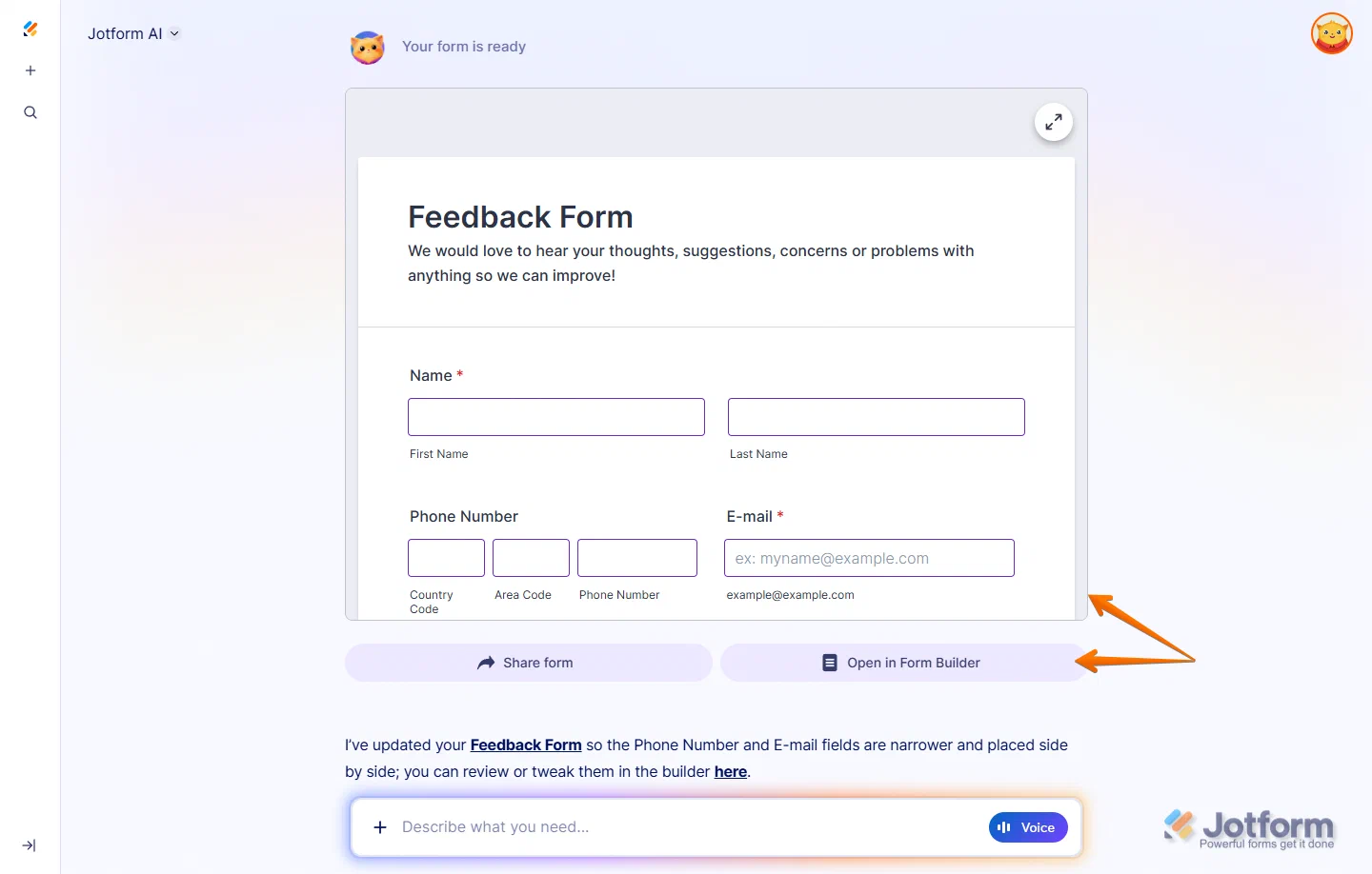 Jotform AI 对话中的反馈表单预览与继续编辑按钮
