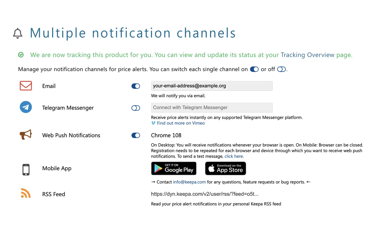 Keepa 的邮件、Telegram、网页推送和移动通知设置