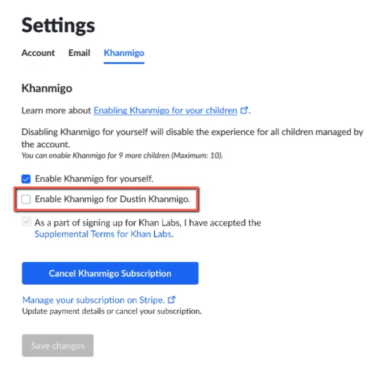 Khanmigo 的本人及孩子启用选项