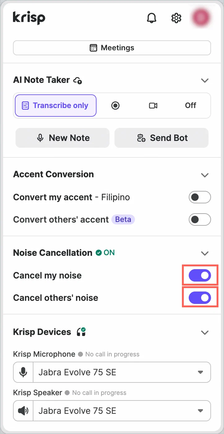 Krisp 的转录、降噪开关与音频设备选择