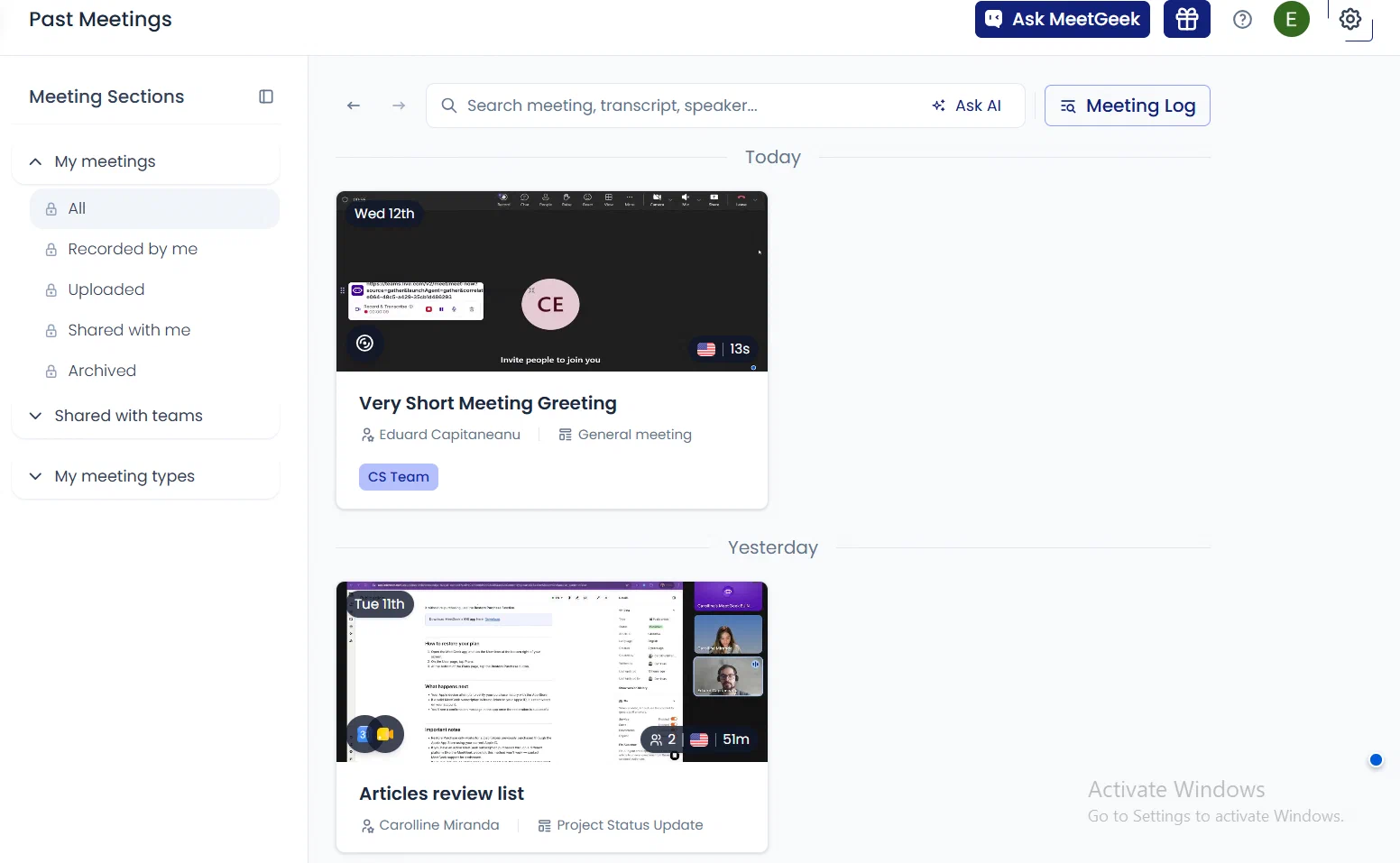 MeetGeek 历史会议列表与转录检索栏