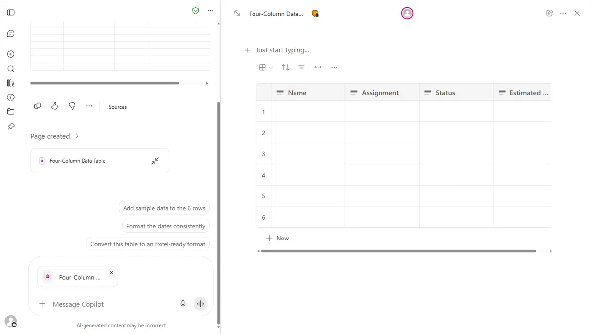 Copilot Chat 与 Pages 表格的并排编辑界面