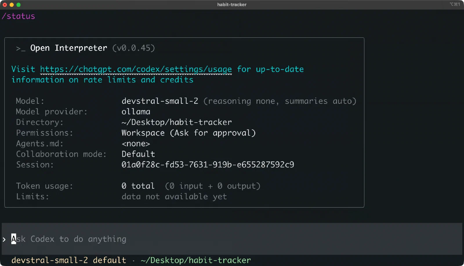 Open Interpreter 0.0.45终端中的本地Ollama模型、工作目录和权限状态