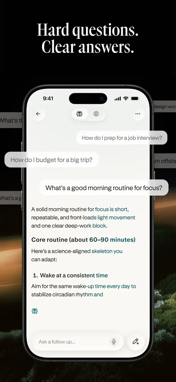 Perplexity iOS 的问答正文、继续追问输入框和语音入口