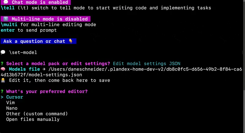 Plandex CLI set-model命令的模型JSON设置和编辑器选择菜单