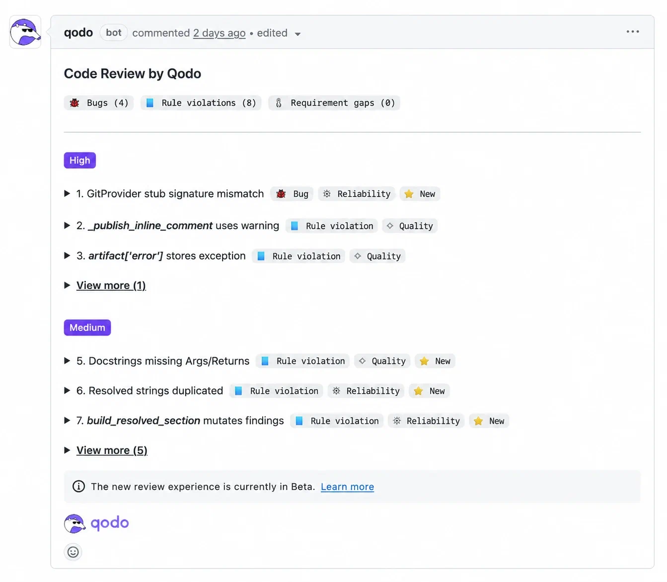 Qodo 在拉取请求中按严重程度分组的审查问题