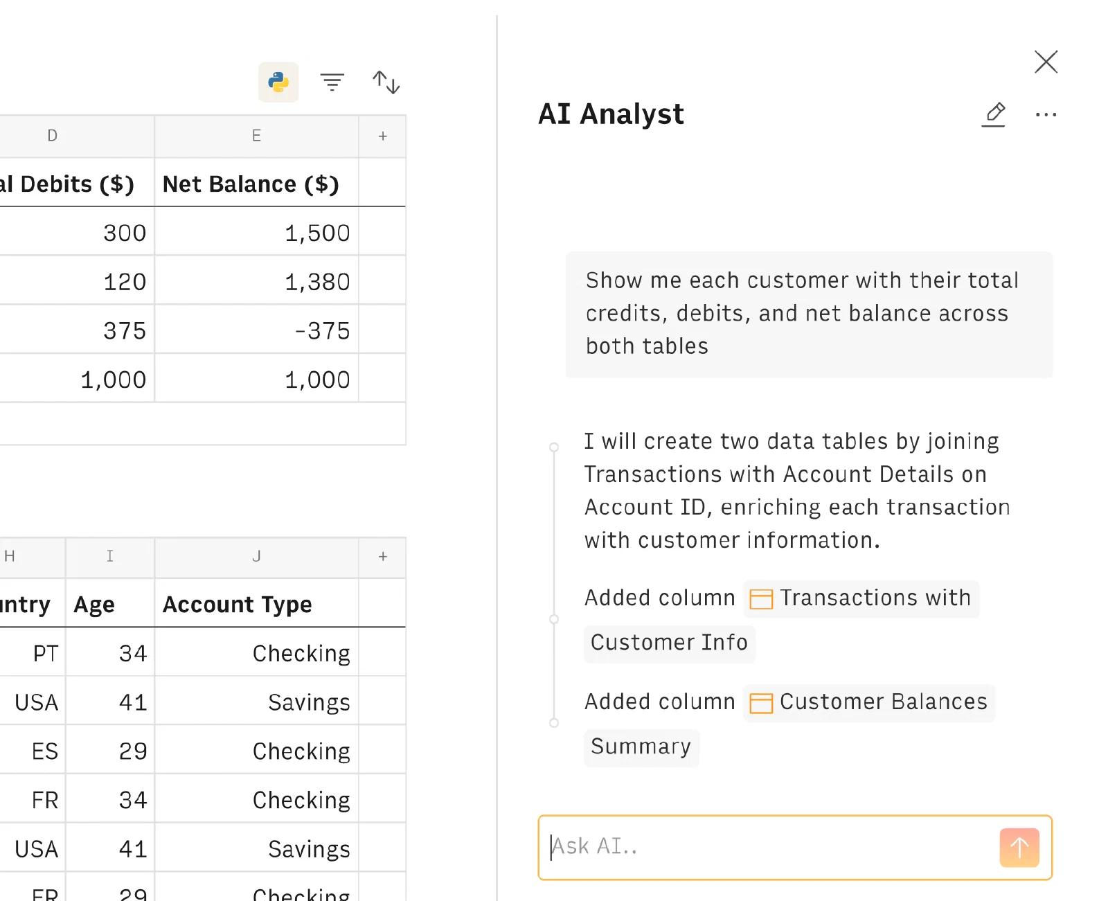 Rows 的数据表与 AI Analyst 关联分析对话