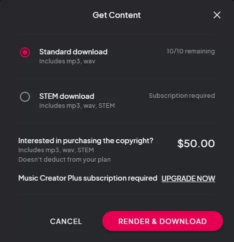 Soundful 帮助文档中的音轨下载选项面板