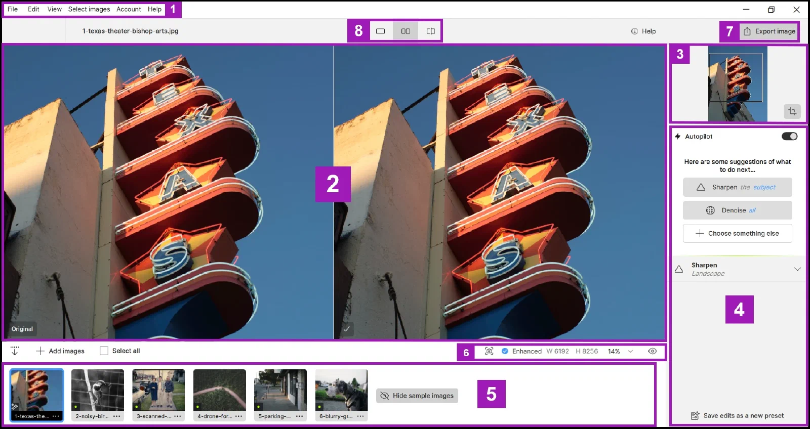 Topaz Photo 桌面界面中的原图对比、Autopilot 和导出按钮